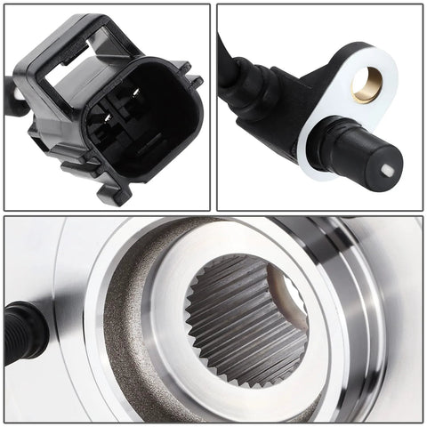 Factory Style Front Wheel Bearing Hub Assembly With ABS Sensor Plug For Dodge Ram 1500 4x4 2002-2005 Replacement On Driver Or Passenger Side Bare Steel Ready To Install, close-up of connector, sensor, and hub components.