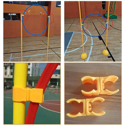 Drone Obstacle Course Kit for FPV Racing with gates and loops in gym for indoor outdoor use, featuring yellow plastic connectors.