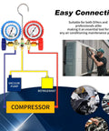 3 Way Brass Manifold Gauge Set For Automotive AC Refrigerant R134A R12 R22 R502 Pro Grade Heavy Duty Kit With Color Coded Hoses And 2 1/4 Inch Straight Quick Couplers, brass gauges with vacuum pump and compressor diagram