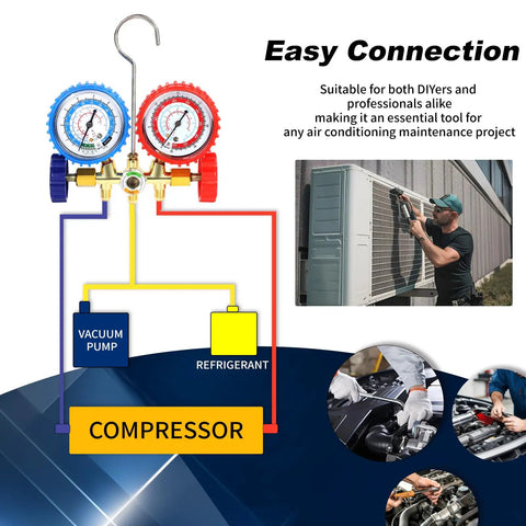 3 Way Brass Manifold Gauge Set For Automotive AC Refrigerant R134A R12 R22 R502 Pro Grade Heavy Duty Kit With Color Coded Hoses And 2 1/4 Inch Straight Quick Couplers, brass gauges with vacuum pump and compressor diagram