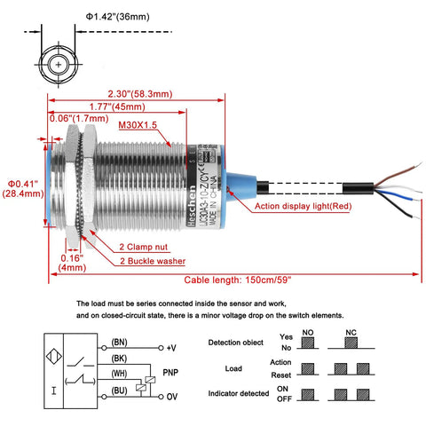 Diagram of Shielded 30Mm Capacitive Proximity Sensor Switch Built To Last LJC30A3-10-ZCY With PNP No NC Output 4 Wire 10-30 VDC 200 mA Detects Dielectric Materials 10 mm Sensing Distance Includes 150 Cm Cable.