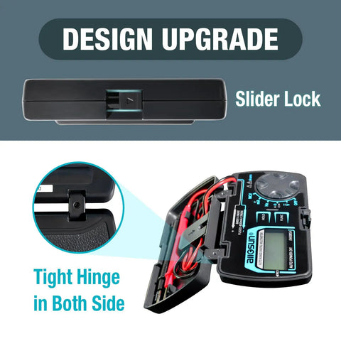 Pocket Size Dope Digital Multimeter With Auto Range for DC and AC, showing compact box design and upgraded slider lock feature.