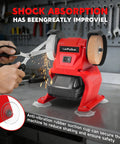The No Fuss Cordless Mini Bench Grinder Polisher With Dual Grinding Wheels Rocking At 5500 Rpm for knife sharpening on a workbench.