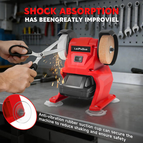 The No Fuss Cordless Mini Bench Grinder Polisher With Dual Grinding Wheels Rocking At 5500 Rpm for knife sharpening on a workbench.