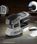 Cordless 20V Max Random Orbital And Detail Sander With 2.0A Battery And Charger, showing detail backing pad and dust collection box