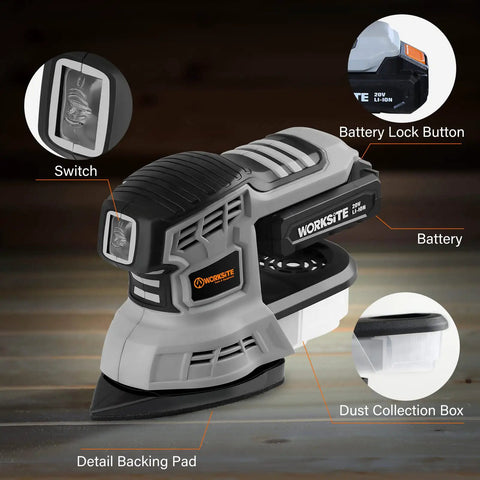 Cordless 20V Max Random Orbital And Detail Sander With 2.0A Battery And Charger, showing detail backing pad and dust collection box