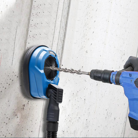 Universal Drill Dust Collection Attachment And Hammer Drill Shroud For Drilling, 70 mm Max Diameter, Keeps Dust Contained On Wall With Rubber Seal, Easy Install, Heavy Duty Wall Mount Dust Guard used on a concrete wall