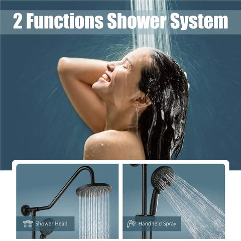 Retrofit Shower System With 8 Inch Rain Shower Head And 6 Function Handheld Sprayer, woman enjoying shower, close-up view