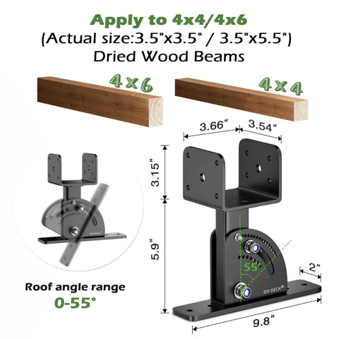 Heavy Duty Stainless Steel Pergola Roof Mount Brackets Set For 4x4 or 4x6 Lumber, Adjustable 0 To 55 Degree Riser Angles, Anchored Design, Corrosion Resistant Black Powder Coated, 3 Pack, Patent Pending, Built For Tough Outdoor Use