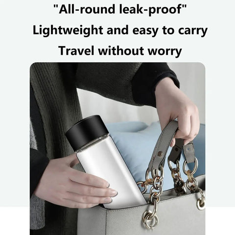 Person placing Hydrogen Rich Water Bottle On The Go With 1200-1600PPB Concentration In Just 3 Minutes into a handbag