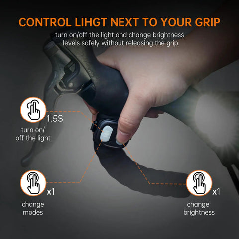 Close-up of hand using the wireless remote on the Beast Mode 2000 Lumens Bike Light for night riding and mountain biking.
