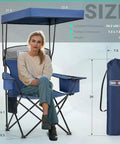 Camping Chair With Canopy Shade For Outdoor Adventures with woman seated, blue fabric, 330 lbs capacity, and protective bag