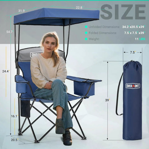 Camping Chair With Canopy Shade For Outdoor Adventures with woman seated, blue fabric, 330 lbs capacity, and protective bag