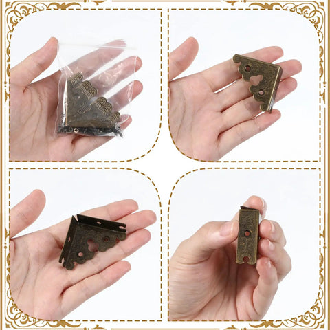 Antique Bronze Metal Corner Protectors Set Of 8 Decorative Brackets shown in hand for wood projects