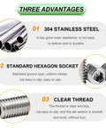 Infographic showing advantages of 304 Stainless Steel Metric Set Screw Kit with M3 M4 M5 M6 M8 sizes, highlighting durability, hex socket, and clear thread.