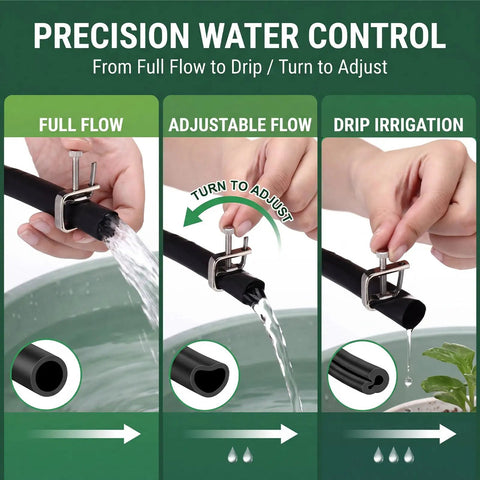 Illustration showing 12 Pack Adjustable Flow Control Hose Clamps For Half Inch Tubing Nickel Plated Brass Precision Thumb Screw with water flow settings.