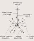 Chrome 8 Light Sputnik Chandelier, Adjustable Height Hanging Fixture For Living Room, Dining Room, And Bedroom, Modern Transitional Style, LED Bulbs Included, Energy Saving Home Lighting with labeled features