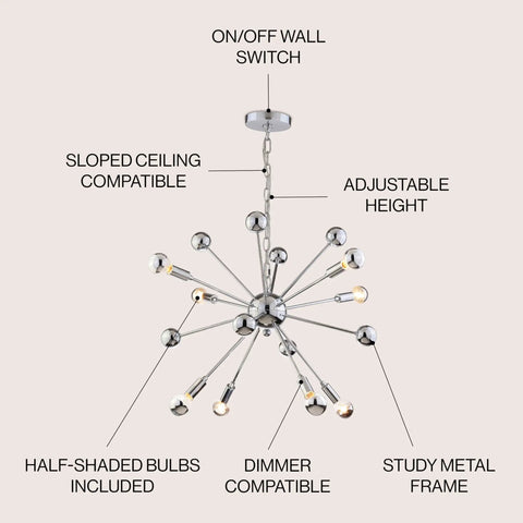 Chrome 8 Light Sputnik Chandelier, Adjustable Height Hanging Fixture For Living Room, Dining Room, And Bedroom, Modern Transitional Style, LED Bulbs Included, Energy Saving Home Lighting with labeled features