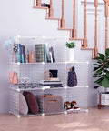 Eight Cube Wire Storage Organizer Kit with Metal Grid Shelving in living room, holding books, plants, pillows, and accessories.