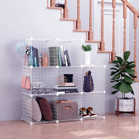 Eight Cube Wire Storage Organizer Kit with Metal Grid Shelving in living room, holding books, plants, pillows, and accessories.