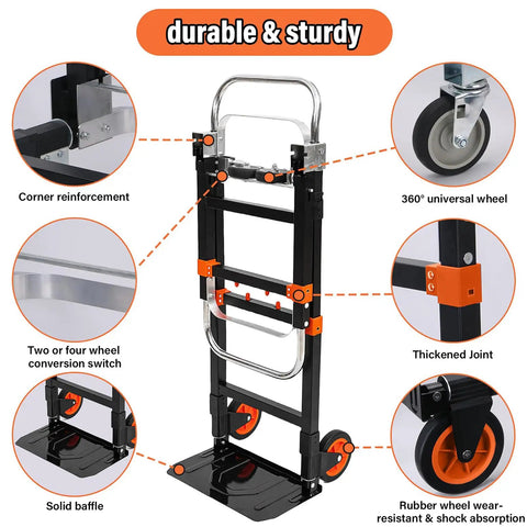 Heavy Duty 3 In 1 Folding Hand Truck And Convertible Dolly Cart Featuring Swift Mode Swap And 600 Pound Cap Folded Utility Cart showing sturdy frame and durable wheels details.