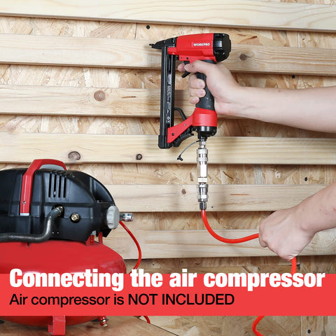 Connecting Pneumatic 20 Gauge Staple Gun For Upholstery And Carpentry to air compressor, rear exhaust visible