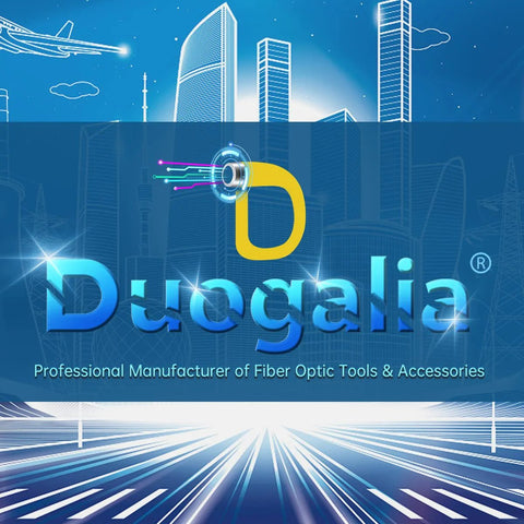 Duogalia fiber optic tester branding banner with blue logo on a blue cityscape background