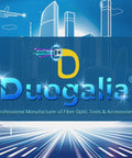 Duogalia logo with futuristic cityscape background, specializing in fiber optic tools and accessories