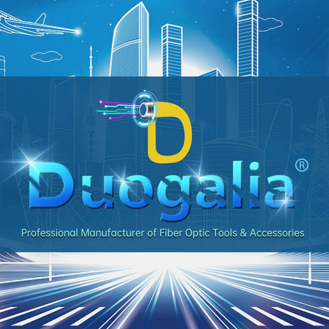 Duogalia logo with futuristic cityscape background representing fiber optic tools and accessories manufacturer.