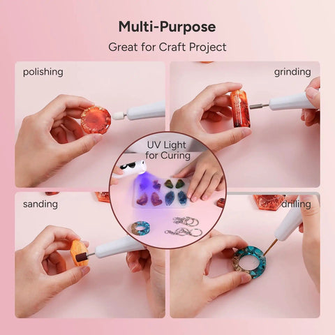 All In One Resin Polishing Kit With Electric Rotary Drill And UV Light showing polishing, grinding, sanding, and drilling on resin