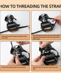 Step-by-step guide showing threading straps on Ride Ready Aluminum Bike Pedals With Toe Cages, Universal Nine Sixteenths Inch Spindle Replacement.