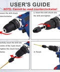 User guide showing steps to use 4 Piece Drill Chuck Adapter Set 1/4 Inch Hex Quick Change for impact drivers and electric drills.