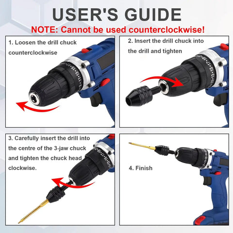 User guide showing steps to use 4 Piece Drill Chuck Adapter Set 1/4 Inch Hex Quick Change for impact drivers and electric drills.