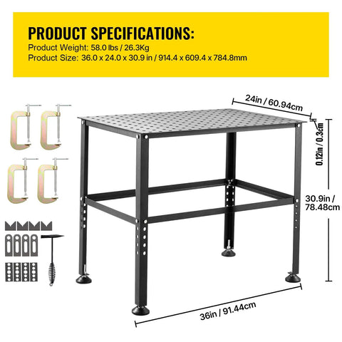 Heavy Duty Steel Welding Table And Workbench 36 By 24 Inches Featuring An 800 Pound Capacity with clamps and specifications.
