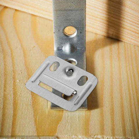 Solid Stainless Steel Wall Panel Connectors For Cabinets And Drywall, quick tool free setup shown on wooden surface.