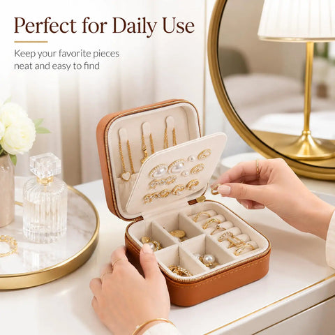 Super Chic Travel Jewelry Box With Waterproof PU Leather Exterior And Soft Flannel Interior Removable Dividers, open view with jewelry.