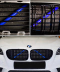 Close-up of BMW Grille Insert Trim Covers V Brace Wrap with Blue Grill Stripes For 1 Series Through 7 Series F20 F21 F22 F23