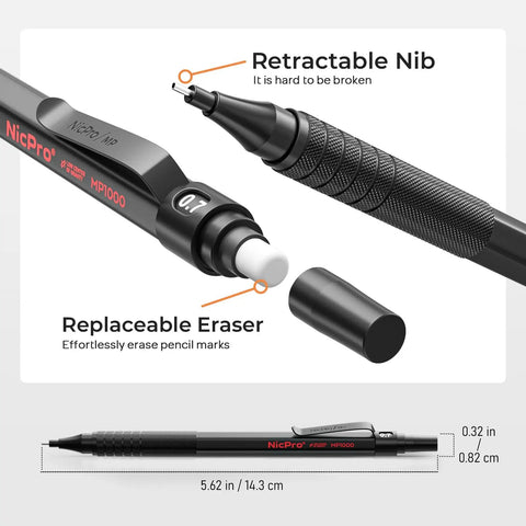 Close-up of metal mechanical pencil with retractable nib and replaceable eraser, part of Metal Mechanical Pencil Set With Case For Drawing And Sketching, Six Pencils In 0.5, 0.7, 0.9, And 2.0mm, Lead Holders, Twenty Refills 6B 4B 2B HB 2H 4H, Erasers, Sharpener, Kneaded Eraser, For Artists And Doodlers.