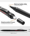 Metal Mechanical Drafting Pencil with retractable nib, replaceable eraser, 0.7 mm lead size, shown with measurements.