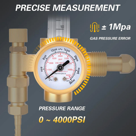 Close-up of Argon And CO2 Gas Regulator With CGA 580 Inlet for TIG and MIG welding, showing 0 to 4000 PSI gauge and brass fittings.