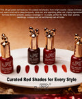 Four red 12ml gel nail polish bottles on a plate, showcasing shades for 12ml Gel Nail Polish Set With 100 Plus Colors HEMA Free Soak Off UV Gel Kit.