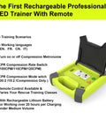 Front view of lime-green AED trainer device (XFT-120GA) with open lid for CPR training.