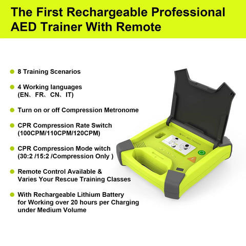Front view of lime-green AED trainer device (XFT-120GA) with open lid for CPR training.