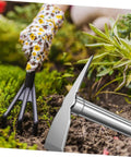 Gardener using Stainless Steel Garden Hoe Tool With Ergonomic Handle For Quick Weeding And Digging In Vegetable Gardens next to plants.
