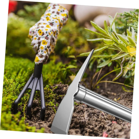 Gardener using Stainless Steel Garden Hoe Tool With Ergonomic Handle For Quick Weeding And Digging In Vegetable Gardens next to plants.