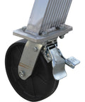 Heavy Duty Aluminum Adjustable Gantry Crane With Slick Rolling Multi Directional Locking Casters Built Tough Two Thousand Pound Capacity wheel detail with locking mechanism.