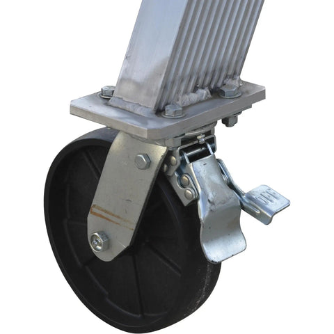 Heavy Duty Aluminum Adjustable Gantry Crane With Slick Rolling Multi Directional Locking Casters Built Tough Two Thousand Pound Capacity wheel detail with locking mechanism.