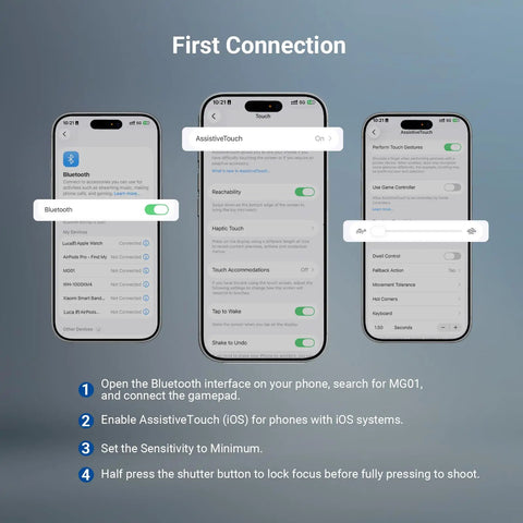 Instructions on connecting MagSafe Compatible Phone Grip with Wireless Charging and 3500mAh Battery to iPhone via Bluetooth.