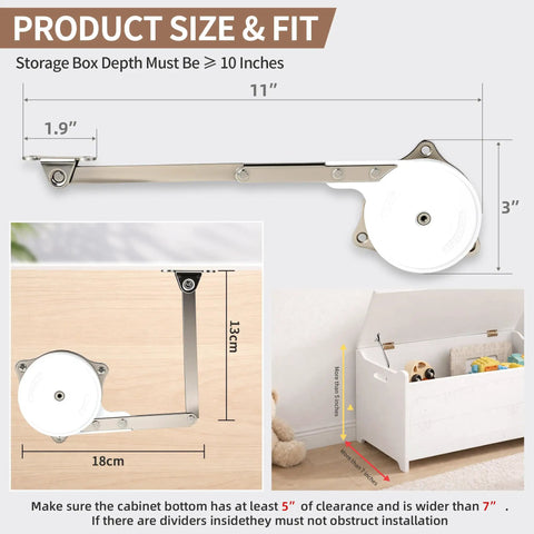 Two Pack Soft Close Hinges For Toy Boxes And Chests With Adjustable Tension And Multi Angle Lid Support No Slam Zinc Alloy Hinges dimensions shown