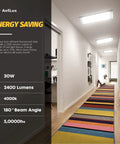 Hallway with Slick Two Foot Wraparound LED Light Fixture With Soft Diffuser Glare Free 2400 Lumens 4000K Bright White Ceiling Light